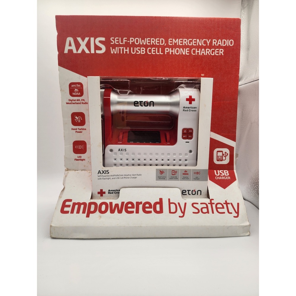 Eton Axis Self-Powered AM/FM/NOAA Weather Radio Flashlight USB Charger Red OS